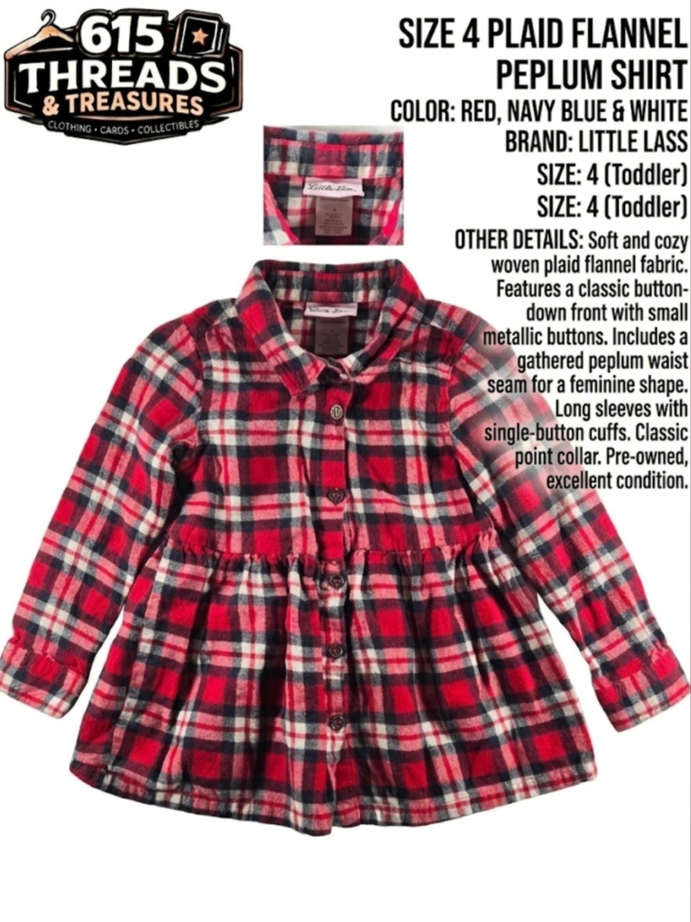Little Lass Red, Navy & White Plaid Button-Down Peplum Shirt